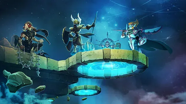 Trois aventuriers prêts au combat sur une arène suspendue, illustration du client Dofus